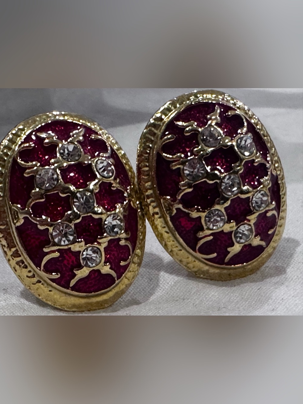 Gold-Tone Red Enamel & Rhinestone Clip-On Earrings